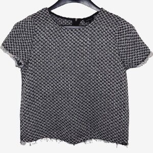 Who What Wear Black & White Houndstooth Frayed Hem Blouse